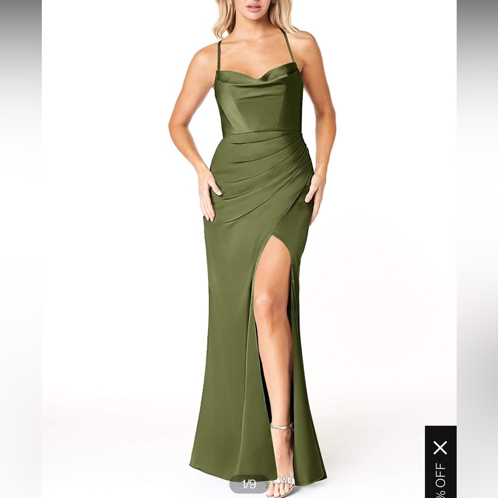 Azazie Bridesmaid dress. Olive green satin maxi with slit.